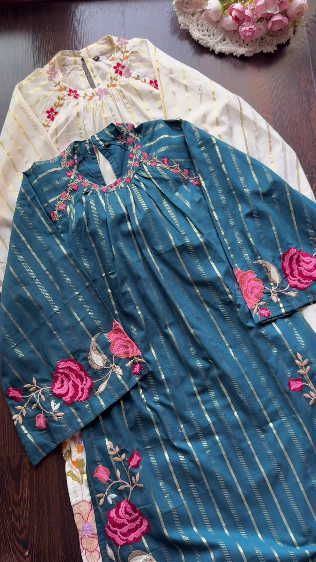 Embroidered Kurta Trio with Gold Stripes – Floral Neckline Ethnicwear in Green, Blue & White - Image 7