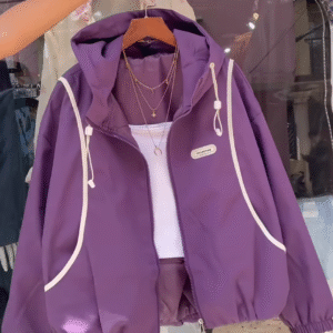 Purple Hooded Jacket with White Trim – Casual Streetwear Layer for Women