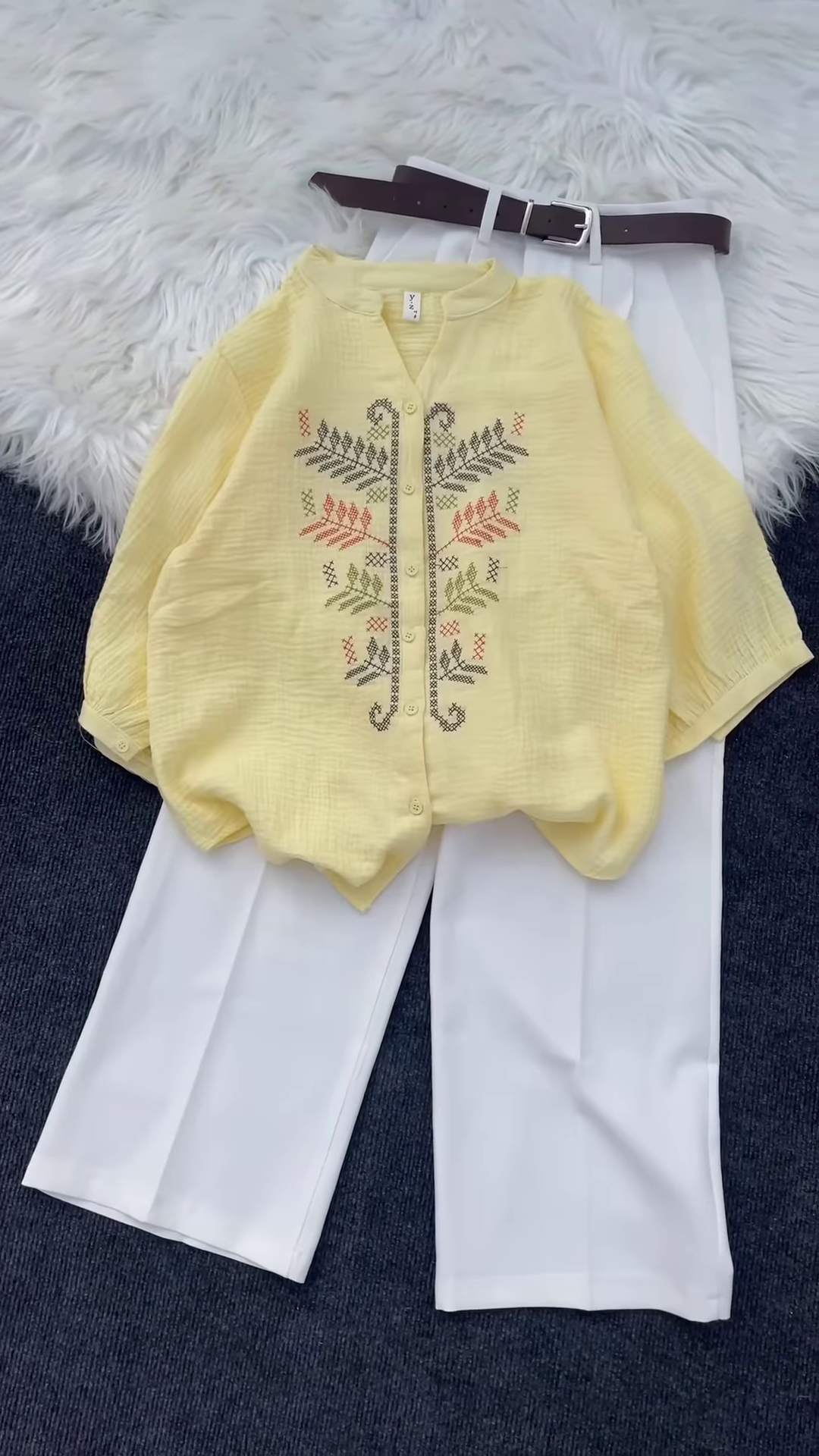 Multicolor Embroidered Shirt Set with Leaf & Geometric Motifs – Casual Ethnic Tops for Women - Image 5