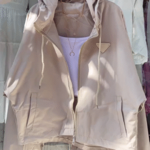 Beige Hooded Jacket with White Tank Top – Layered Casualwear for Women