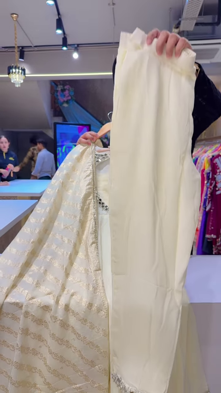 White Mirror Work Anarkali Suit with Gold-Embroidered Dupatta – Elegant Festivewear for Women - Image 4