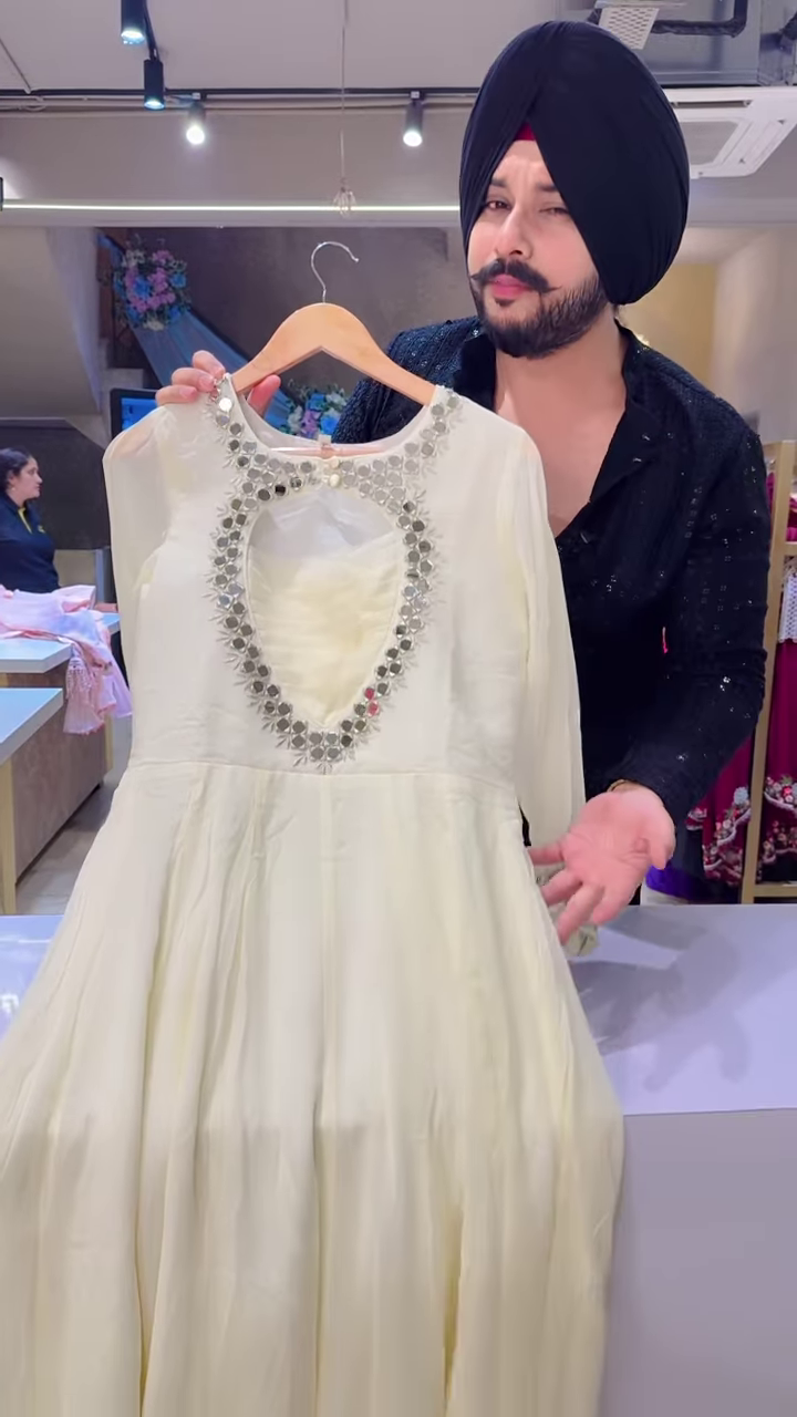 White Mirror Work Anarkali Suit with Gold-Embroidered Dupatta – Elegant Festivewear for Women - Image 3