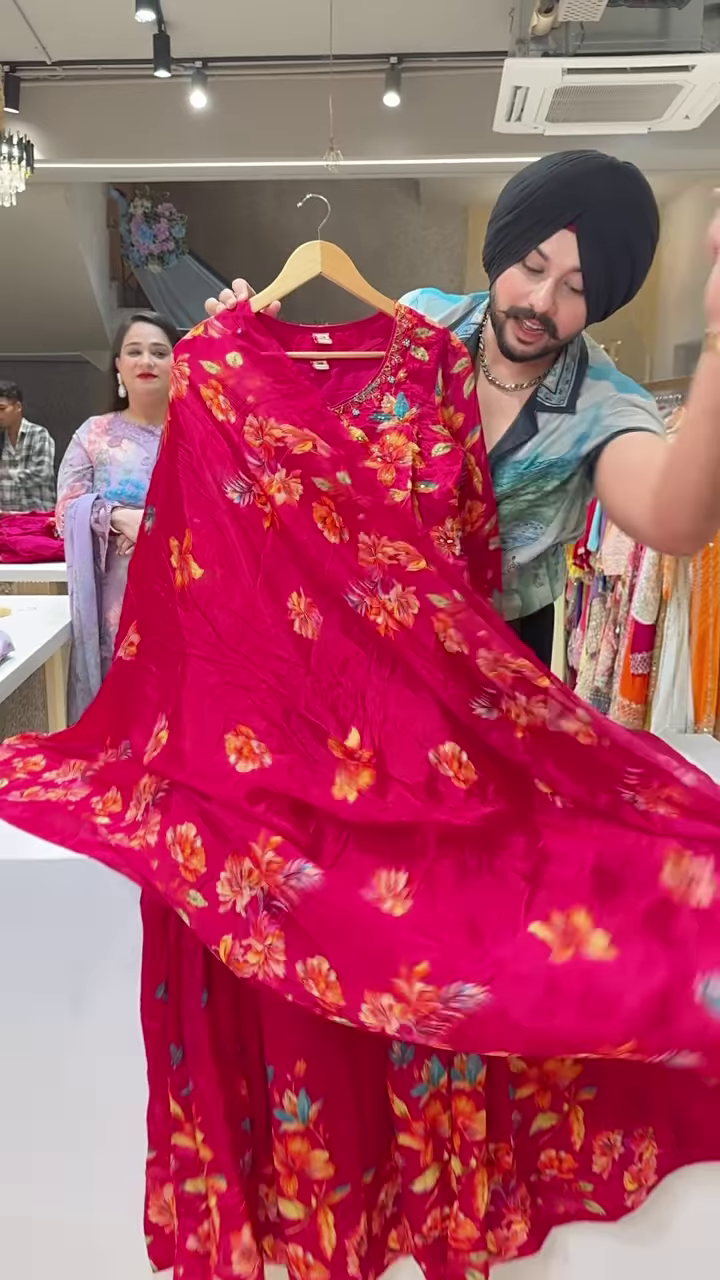 Bright Red Floral Printed Ethnic Dress with Coordinated Jacket for Women - Image 5