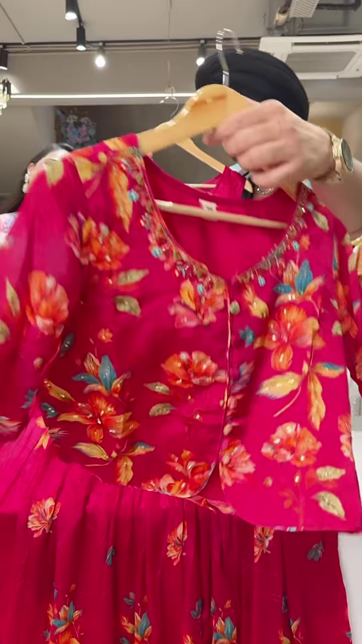 Bright Red Floral Printed Ethnic Dress with Coordinated Jacket for Women - Image 3