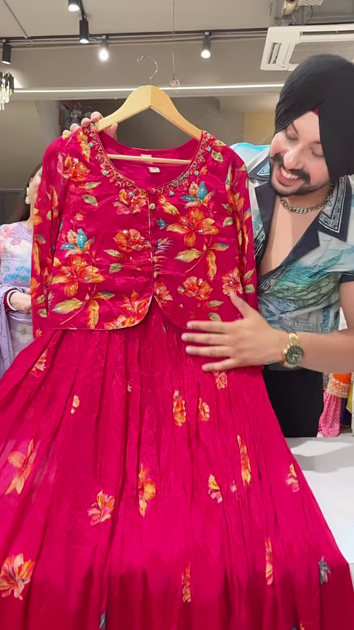 Bright Red Floral Printed Ethnic Dress with Coordinated Jacket for Women - Image 2