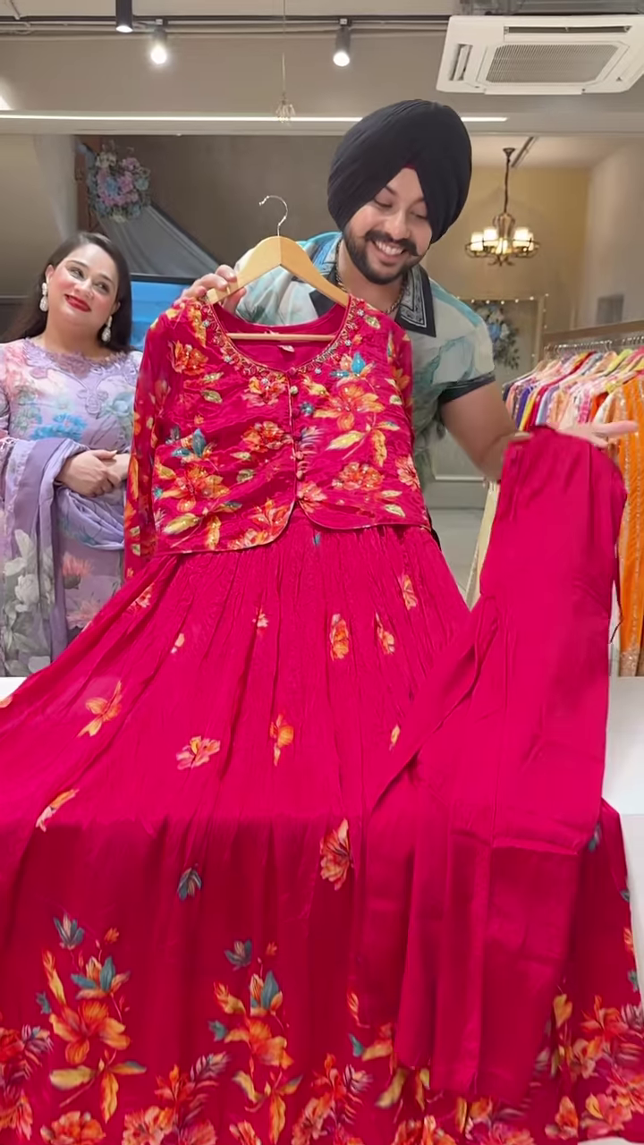 Bright Red Floral Printed Ethnic Dress with Coordinated Jacket for Women