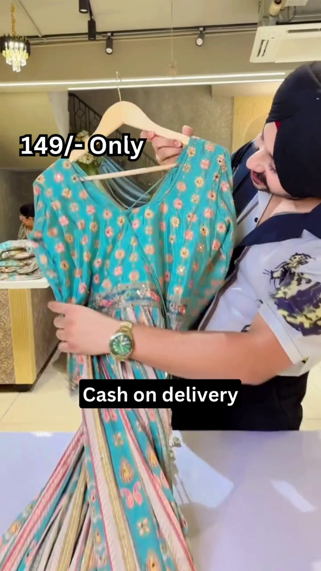 Turquoise Multicolor Printed Ethnic Dress with Embellished Bodice and Striped Lower Panel - Image 2