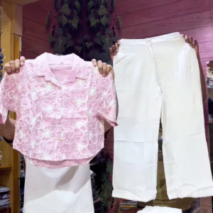 Blue Floral Crop Top with V-Neckline Paired with White Straight-Fit Pants