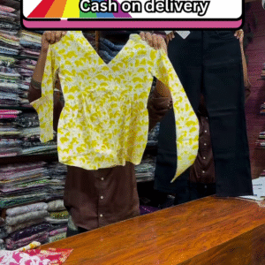 Yellow and White Floral Printed Top Paired with Black Straight-Fit Pants for Women