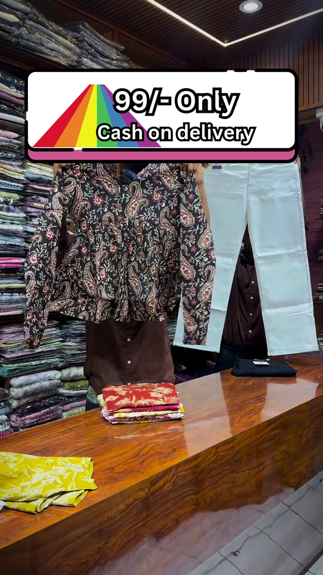 Yellow and White Floral Printed Top Paired with Black Straight-Fit Pants for Women - Image 6