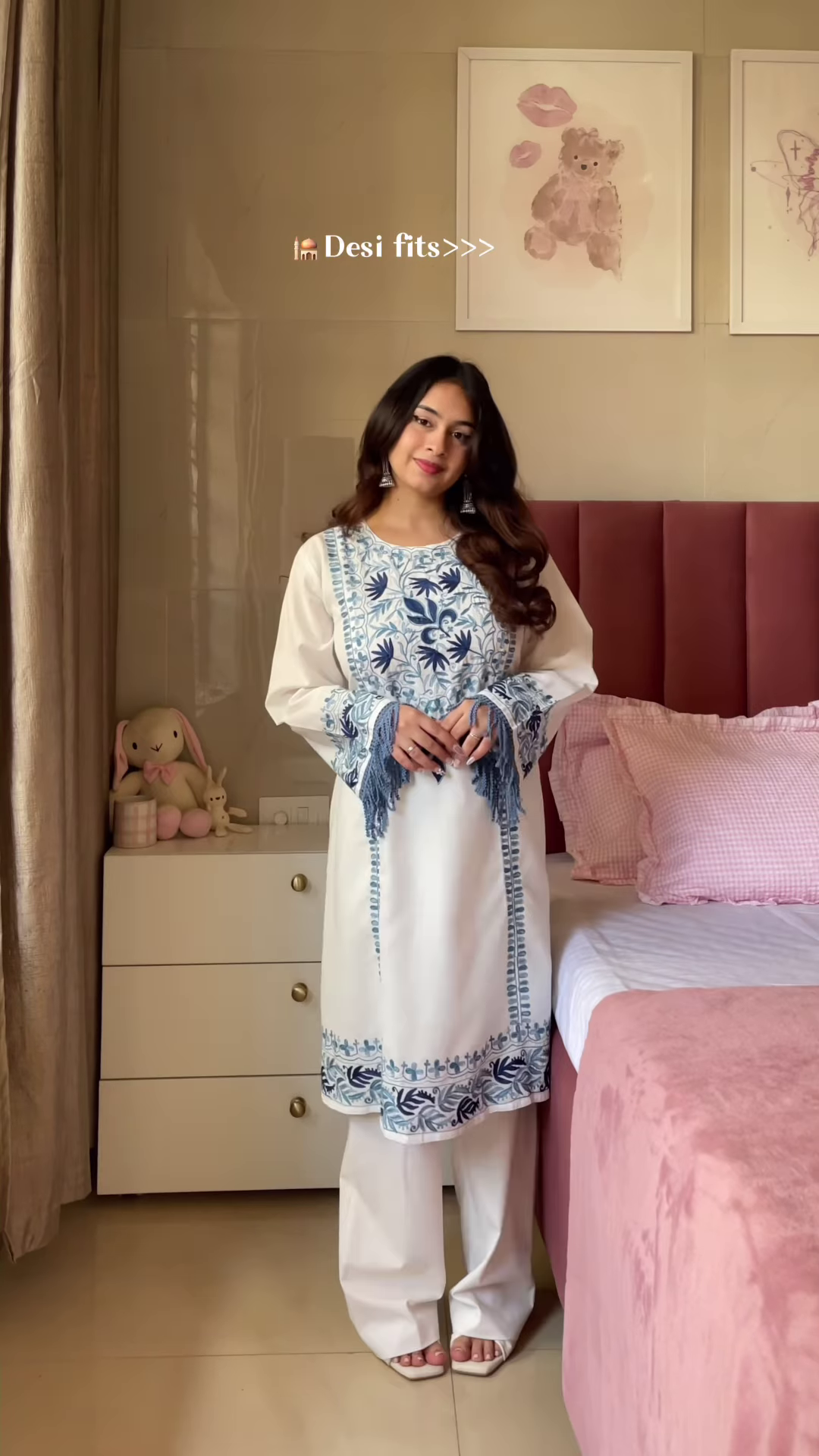 Dark Blue Embroidered Kurta with White Pants – Elegant Desi Outfit for Women - Image 4