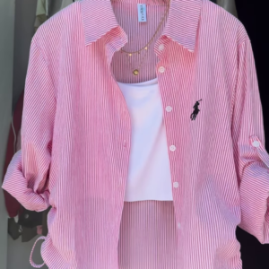 Casual Pink Pinstripe Button-Down Shirt with Ruched Side Detail