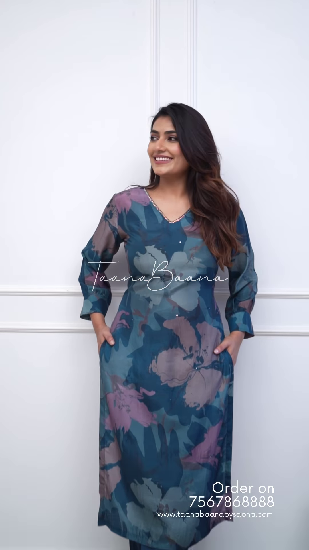 Elegant Teal Floral Silk Maxi Dress with V-Neck Detail & Pockets