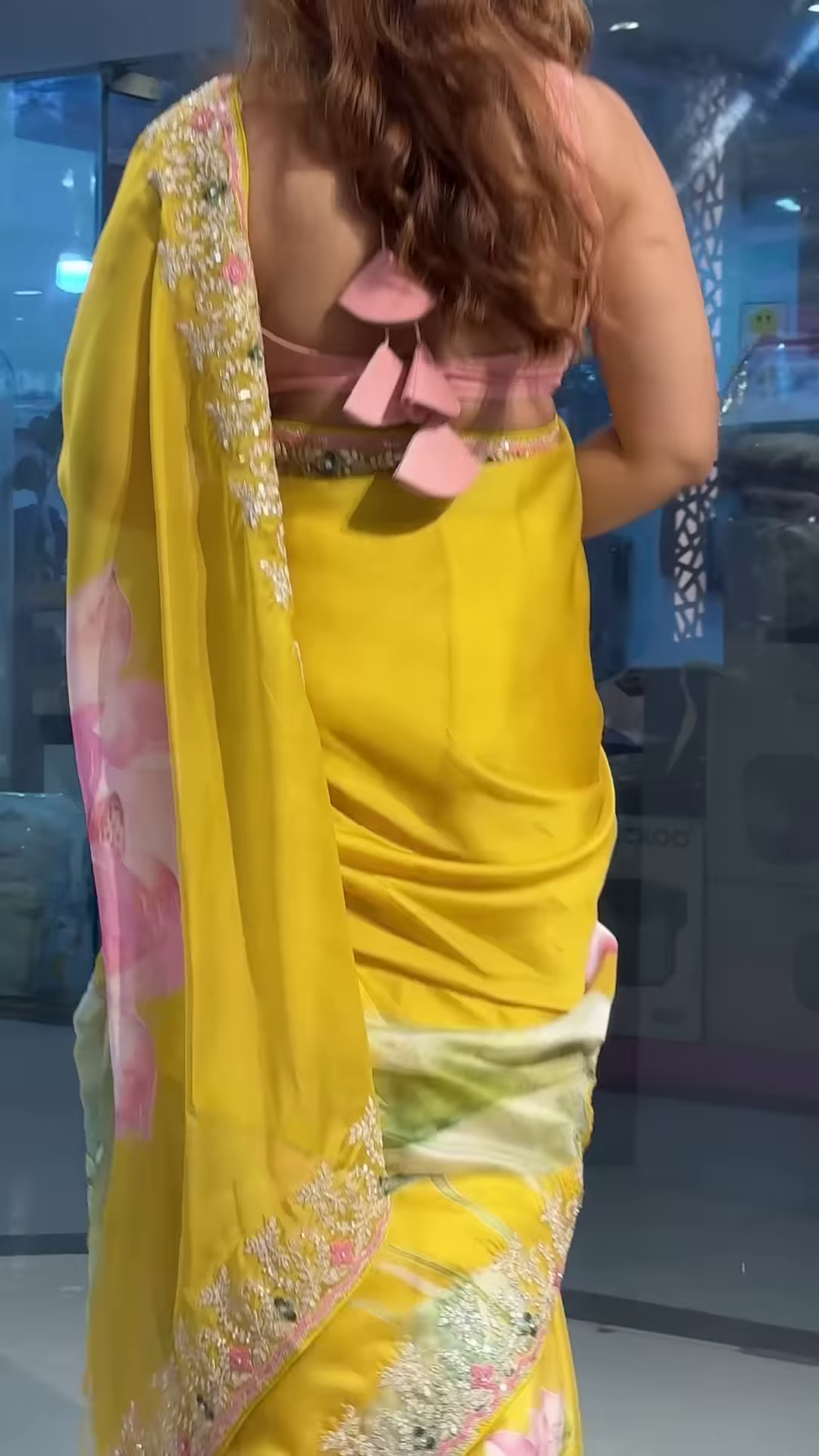 Sun-Kissed Yellow Floral Organza Saree with Intricate Zari Border - Image 2