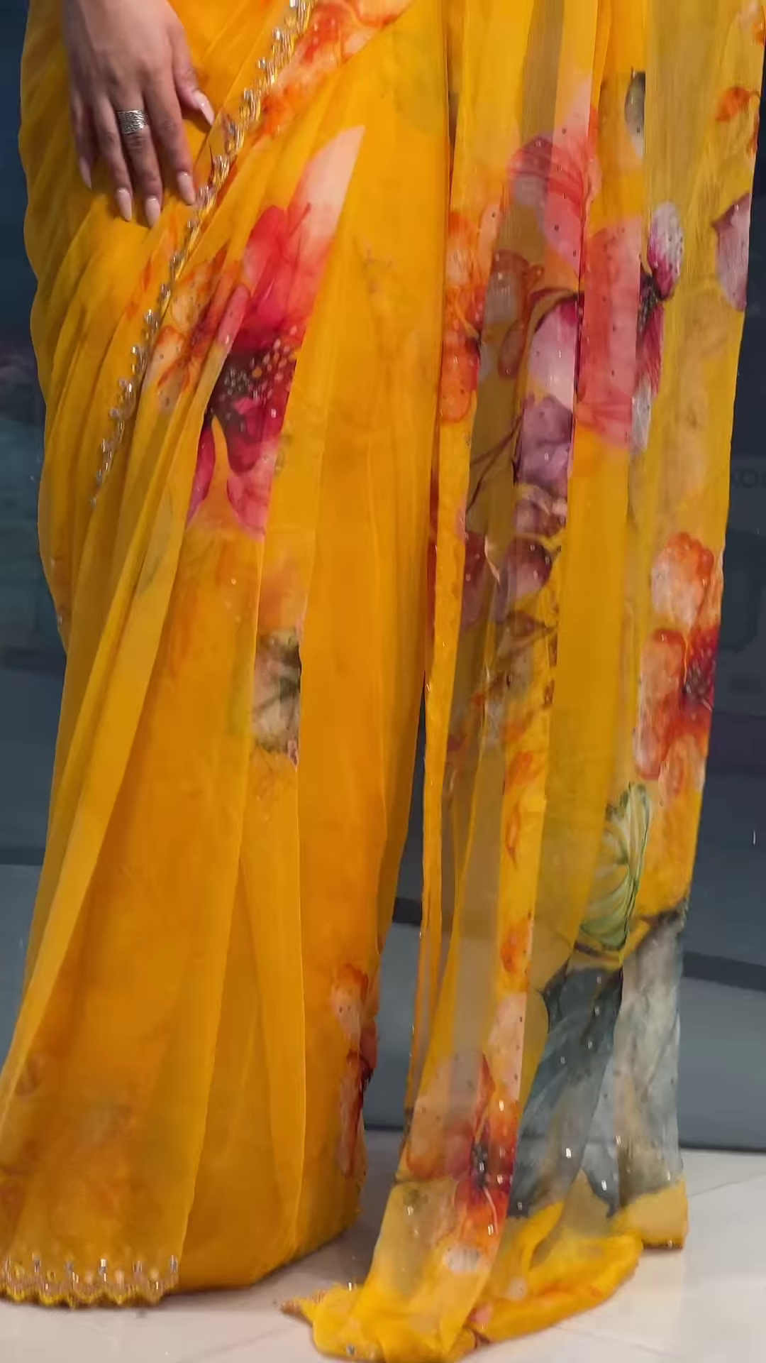Crimson Floral Dream: Hand-Painted Chiffon Saree with Sequin Border - Image 2
