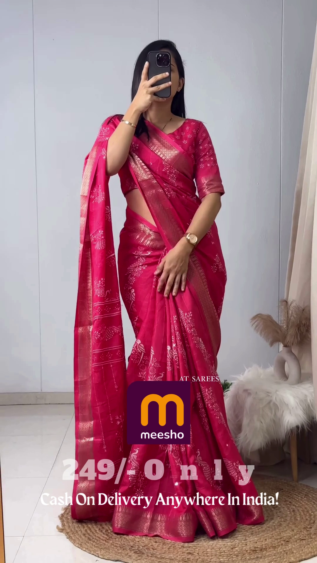 Elegant Mustard Gold Floral Chiffon Saree with Hand-Embellished Scalloped Borders - Image 2