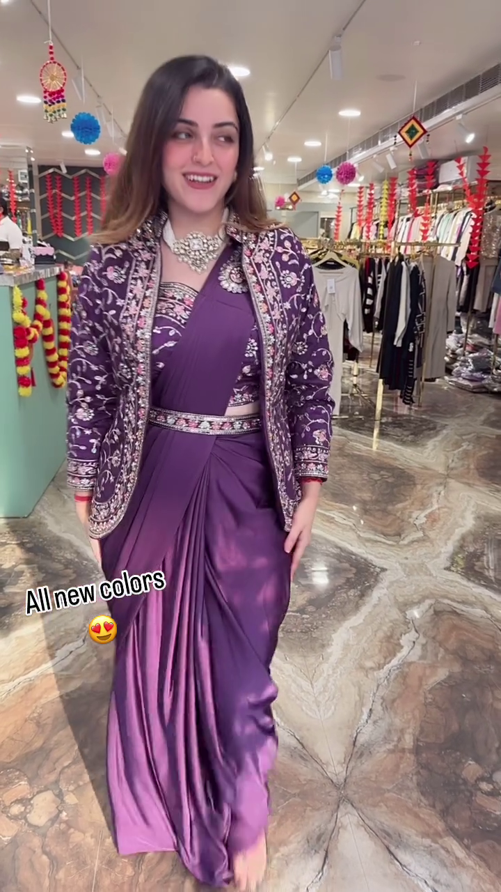 Modern Mauve Pre-Draped Saree Set with Intricately Embroidered Jacket and Coordinating Belt - Image 2