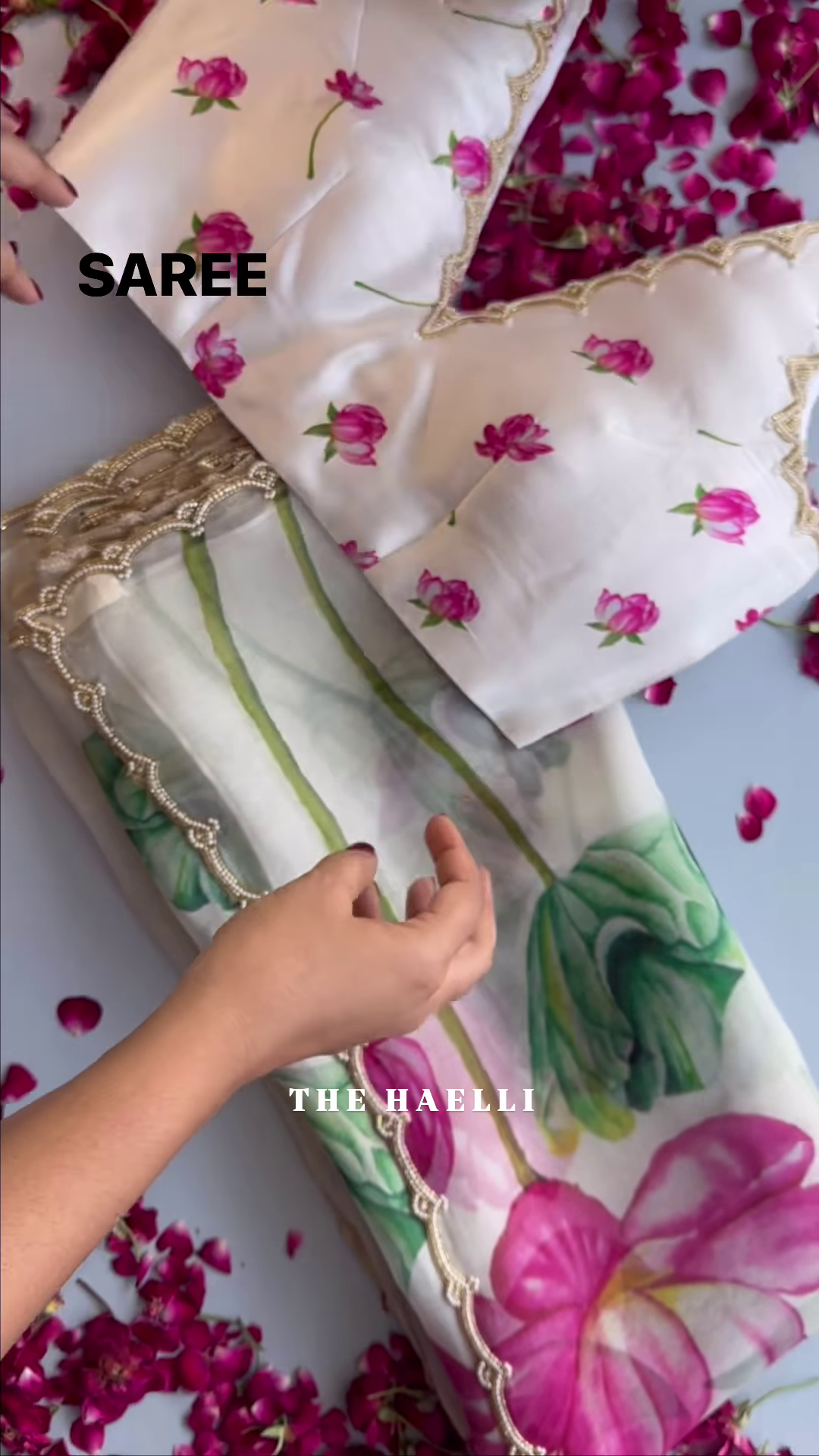 White Organza Saree with Pink Lotus Print