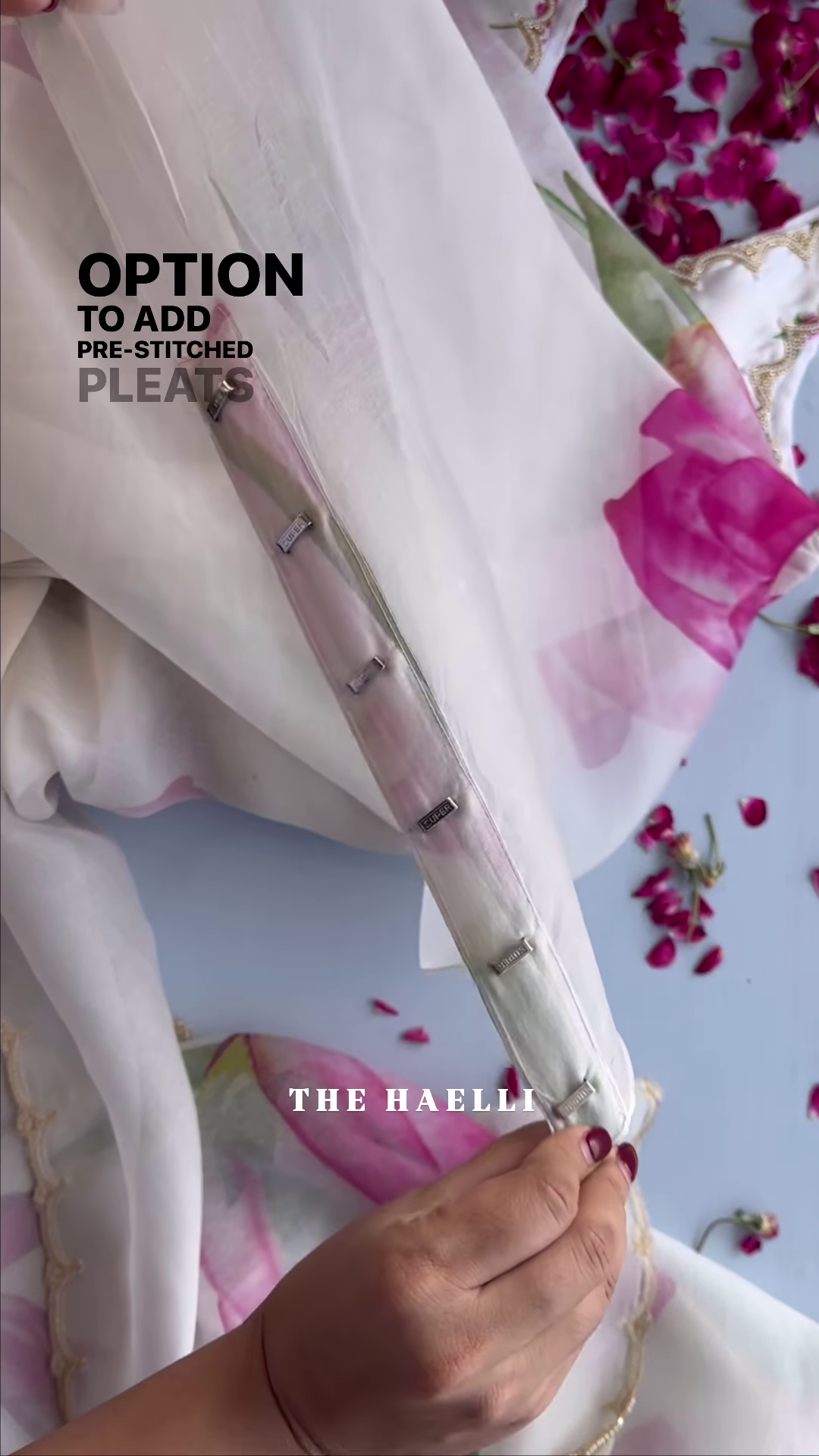 White Organza Saree with Pink Lotus Print - Image 2