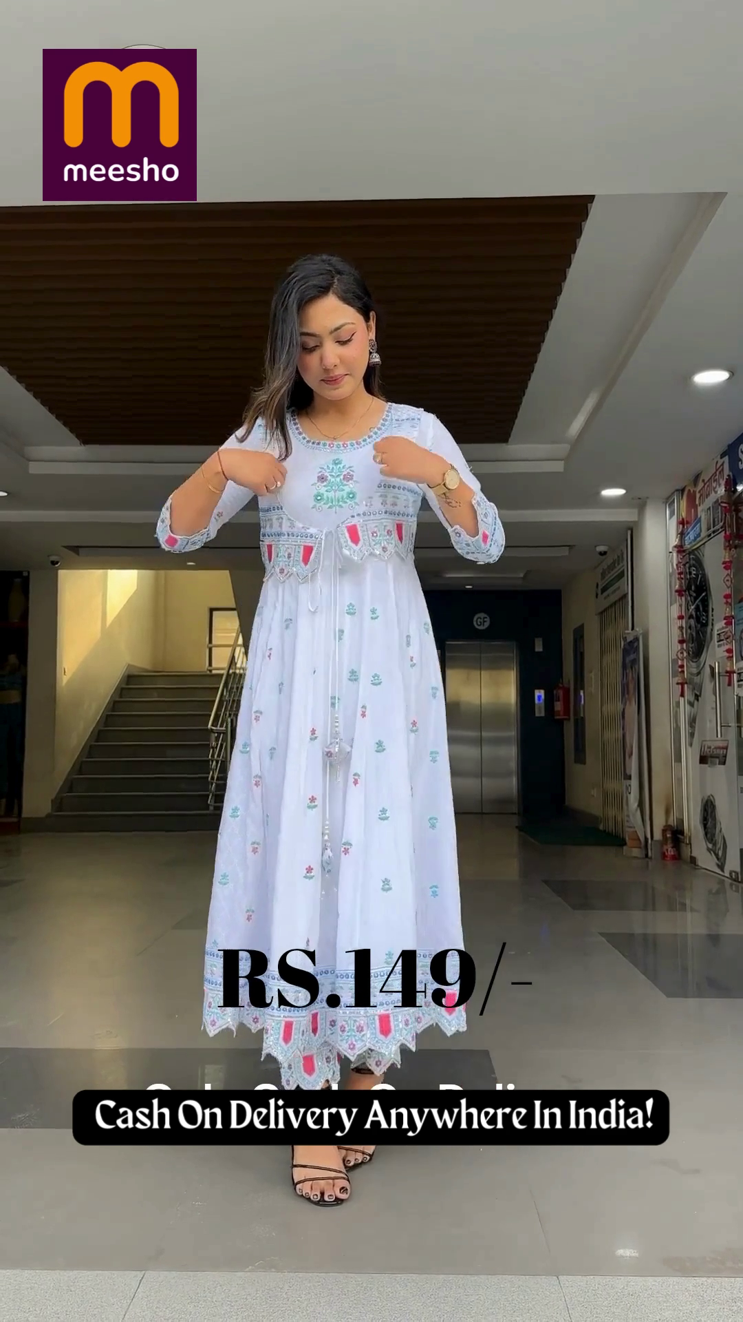 White Anarkali Kurta with Embroidered Mirror-Work Jacket - Image 3