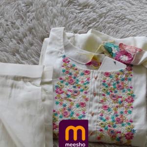 White Cotton Suit with Multi-Color Resham Embroidery