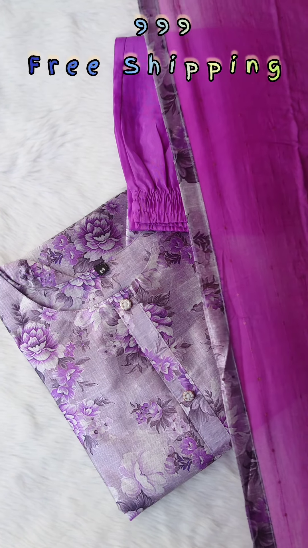 Soft Beige Chanderi Kurta with Pastel Floral Print and Magenta Silk Pants - Elegant Semi-Formal Ethnic Set - Image 4