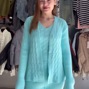 Aqua Blue Cable Knit Cardigan and Trouser Co-ord Set - Premium Winter Lounge & Casual Wear