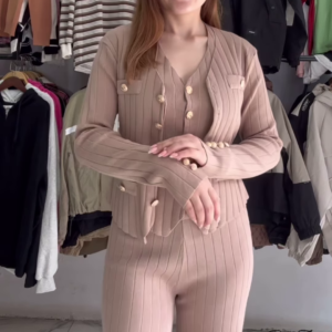 Tan Beige Ribbed Knit Cardigan and Wide-Leg Trouser Set with Gold Button Detailing - Luxury Winter Wear