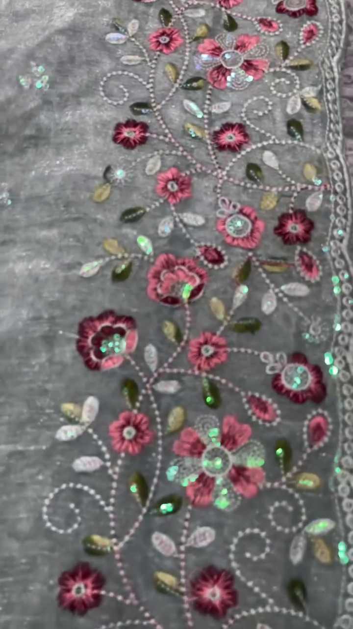 Sheer Grey Organza Fabric with Intricate Pink Floral Embroidery and Sequin Accents – Designer Boutique Material