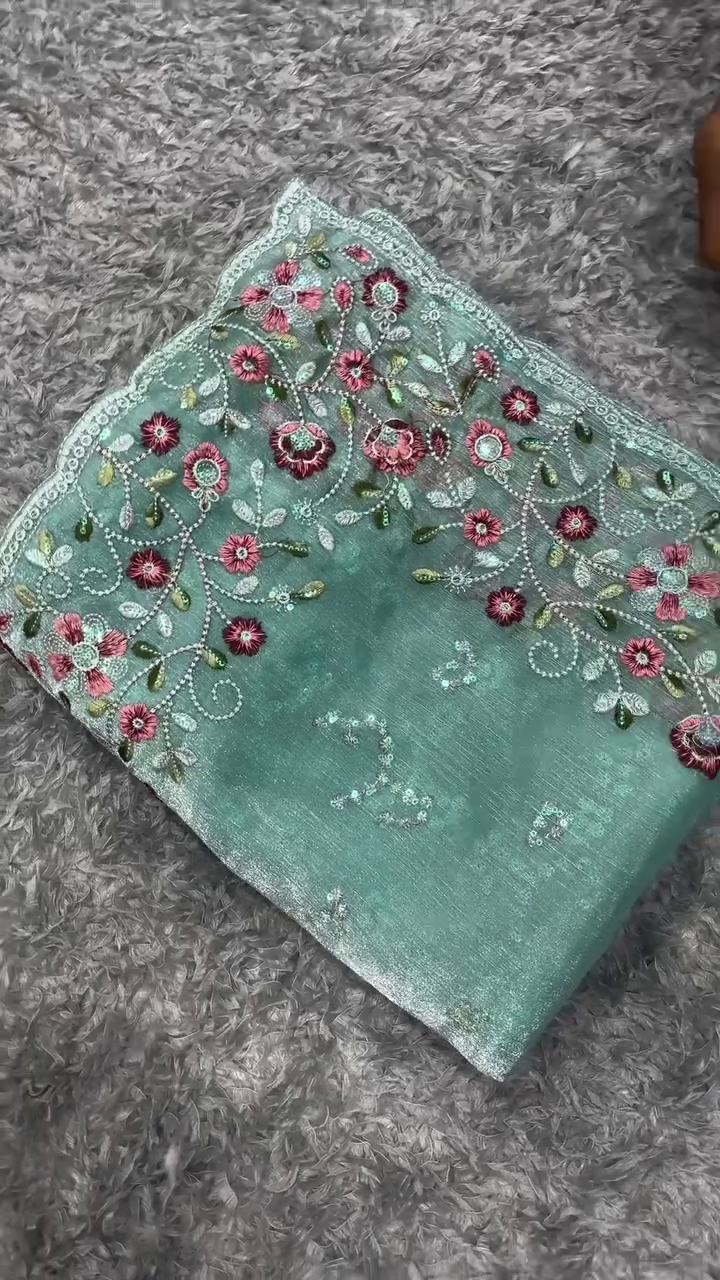 Sheer Grey Organza Fabric with Intricate Pink Floral Embroidery and Sequin Accents – Designer Boutique Material - Image 3