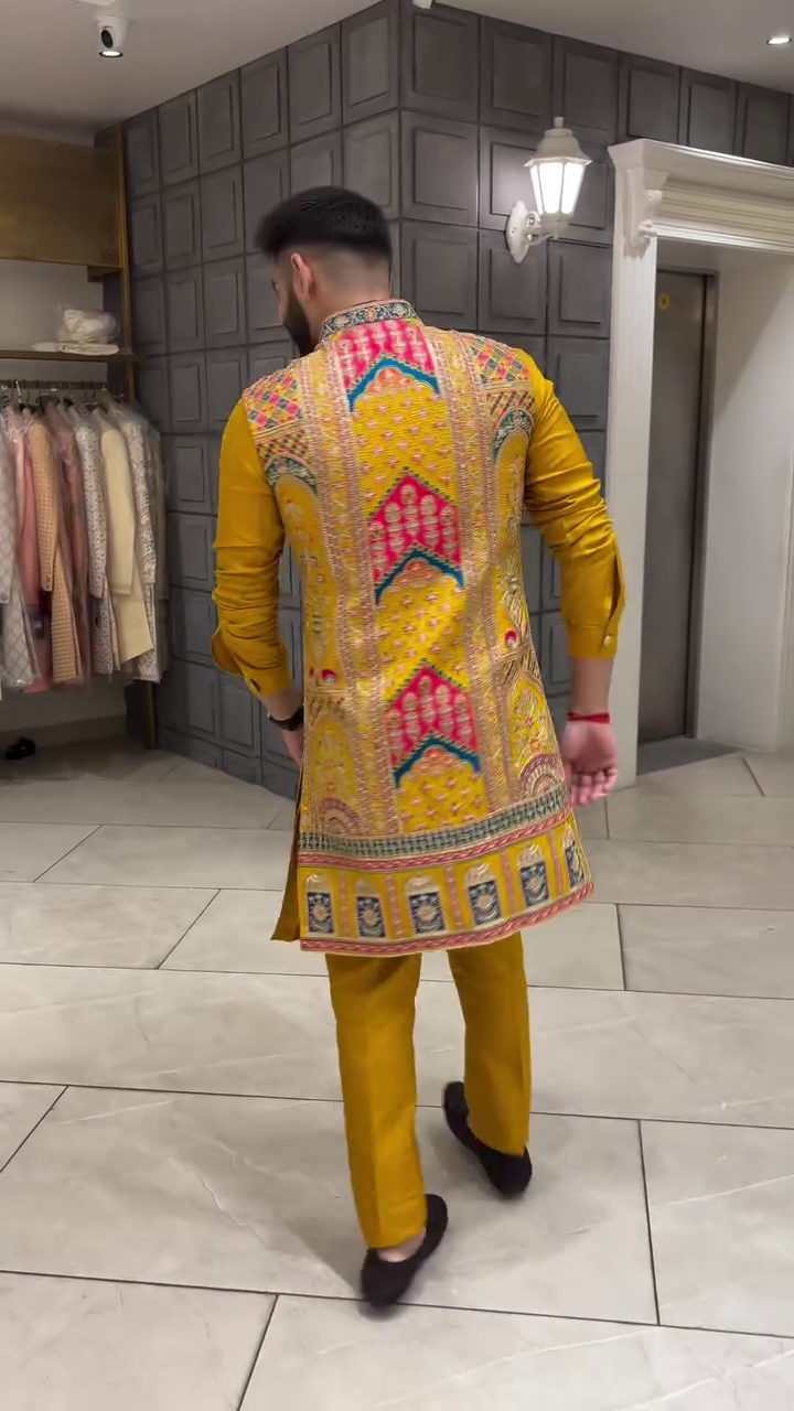 Royal Mustard Yellow Silk-Blend Sherwani for Men with Intricate Multi-Color Embroidery and Mirror Work - Premium Wedding Wear - Image 2