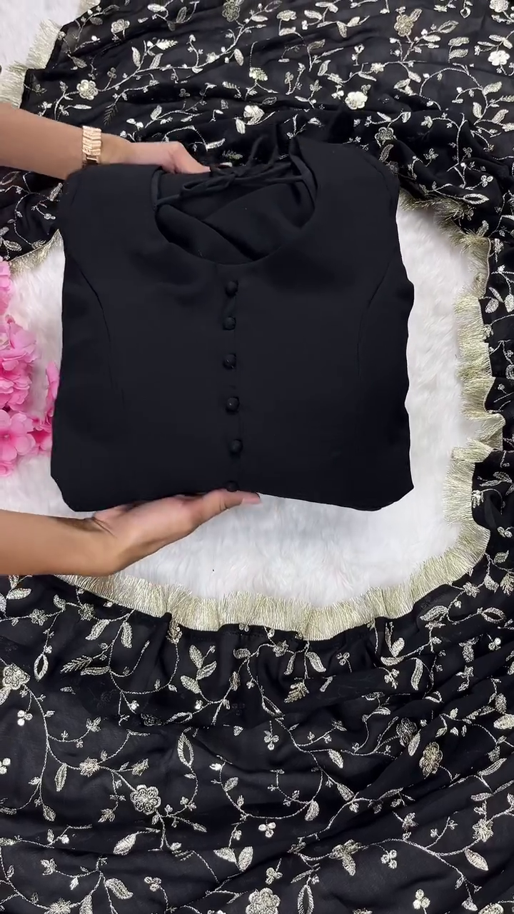 Classic Black Three-Piece Suit with Ornate Silver Zari Sleeve Detailing and Embroidered Dupatta - Sophisticated Evening Wear - Image 4