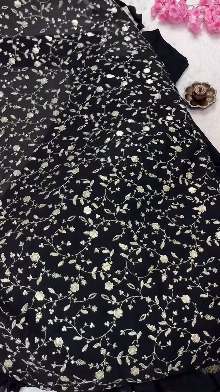 Classic Black Three-Piece Suit with Ornate Silver Zari Sleeve Detailing and Embroidered Dupatta - Sophisticated Evening Wear - Image 2