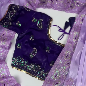 Premium Dark Purple Embroidered Designer Blouse with Elegant Lavender Dupatta Set