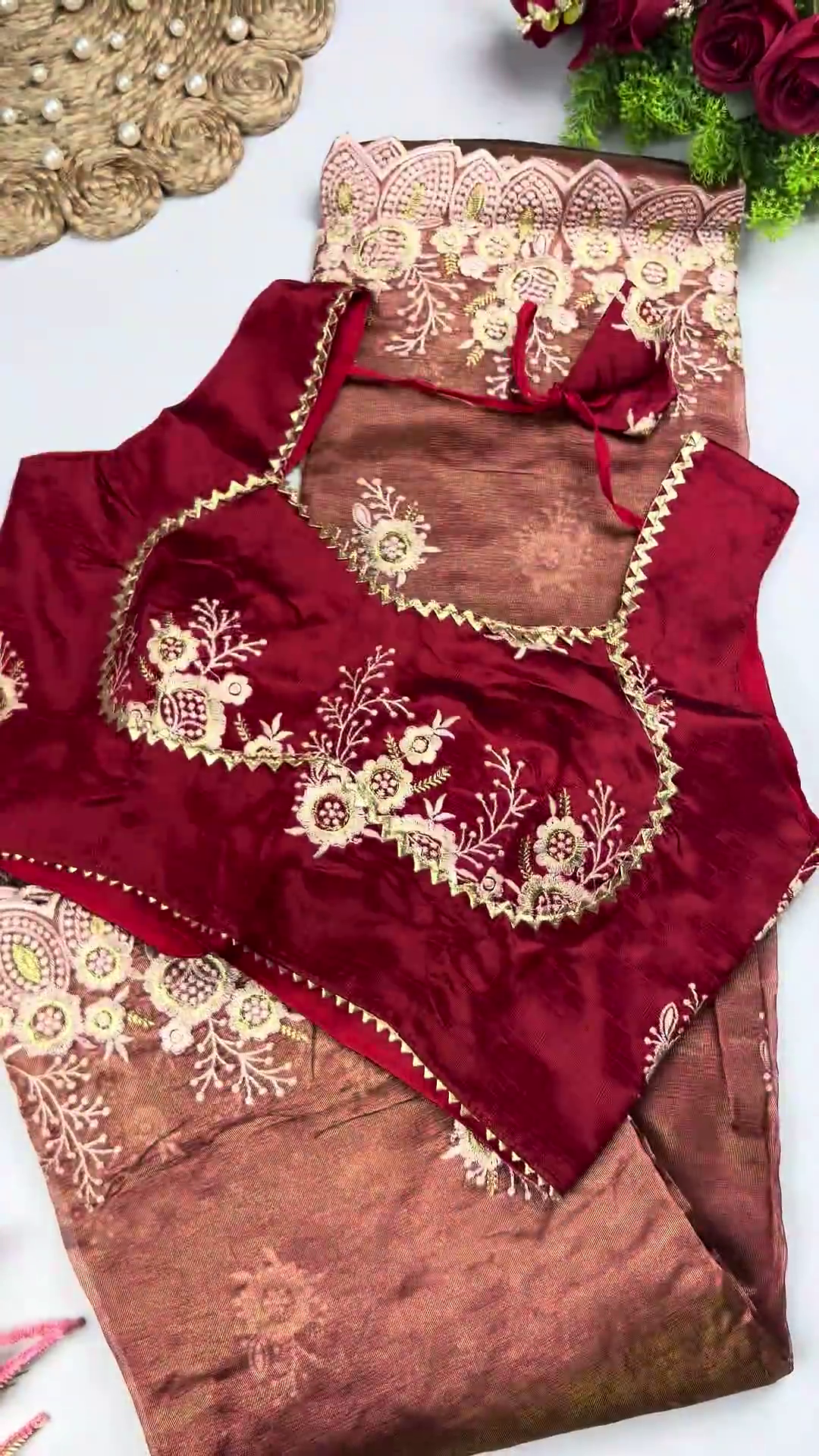 Royal Maroon Heavy Embroidered Designer Blouse with Olive Green Saree Set - Image 4