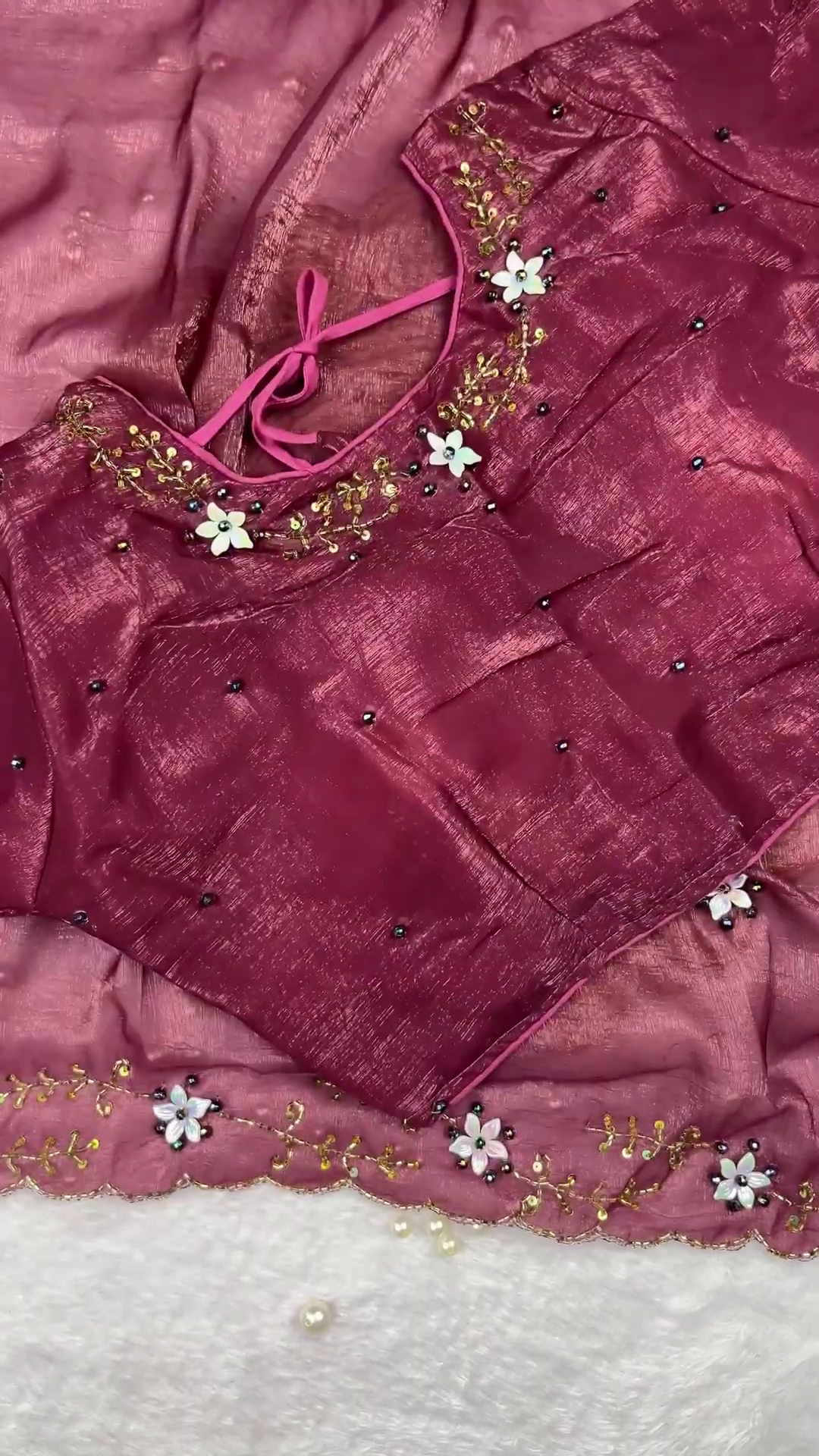Mauve Silk Saree Set with 3D Floral Accents