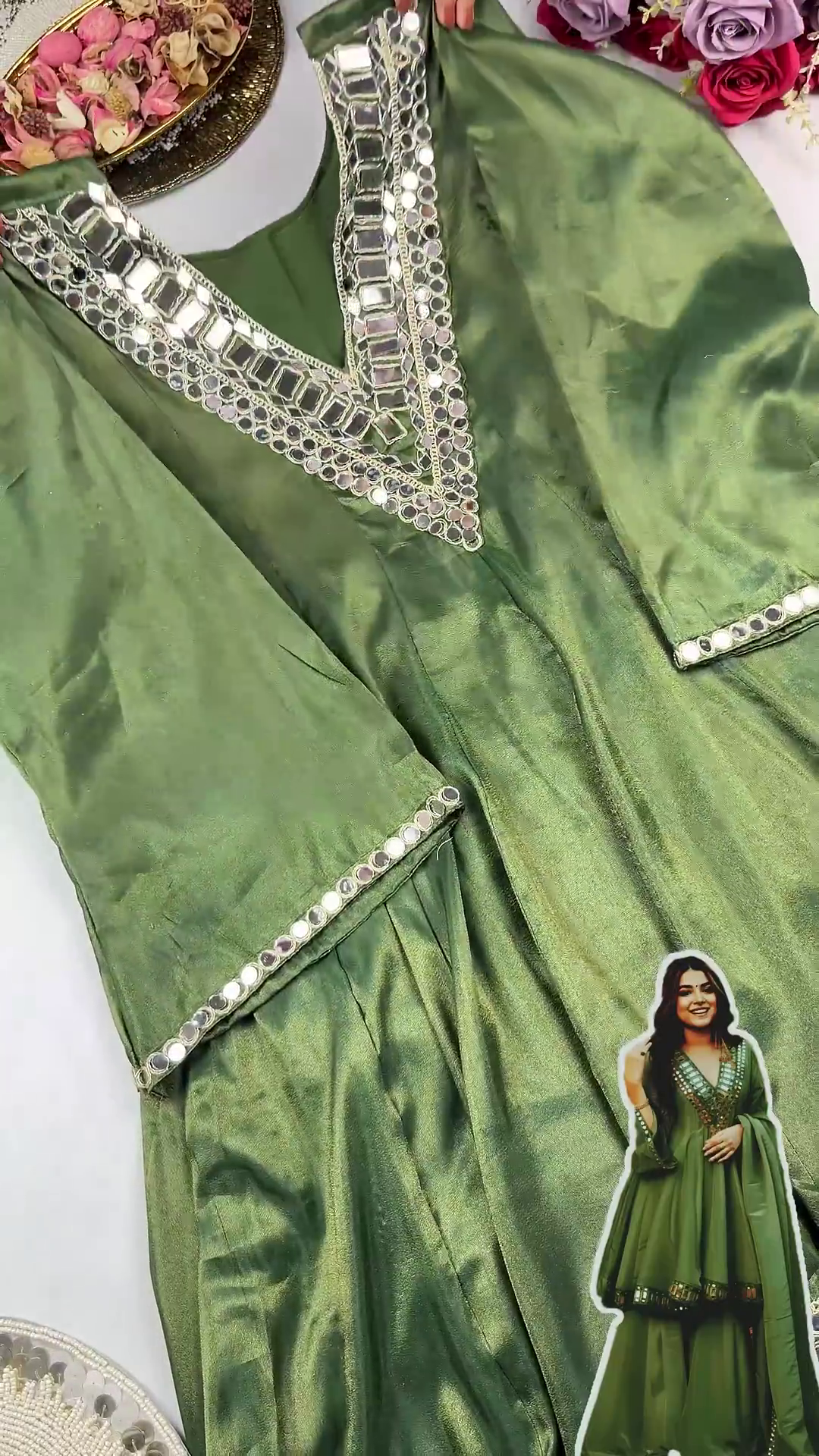 Luminous Moss Green Mirror-Work Sharara Set