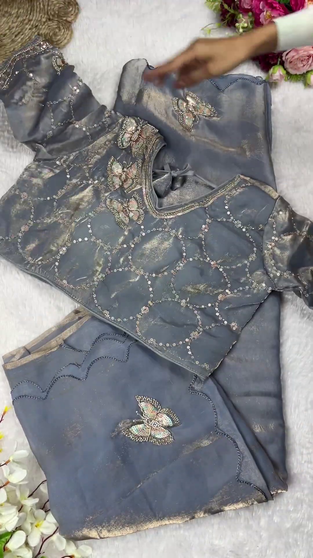 Slate Grey Butterfly Artistry Saree Set