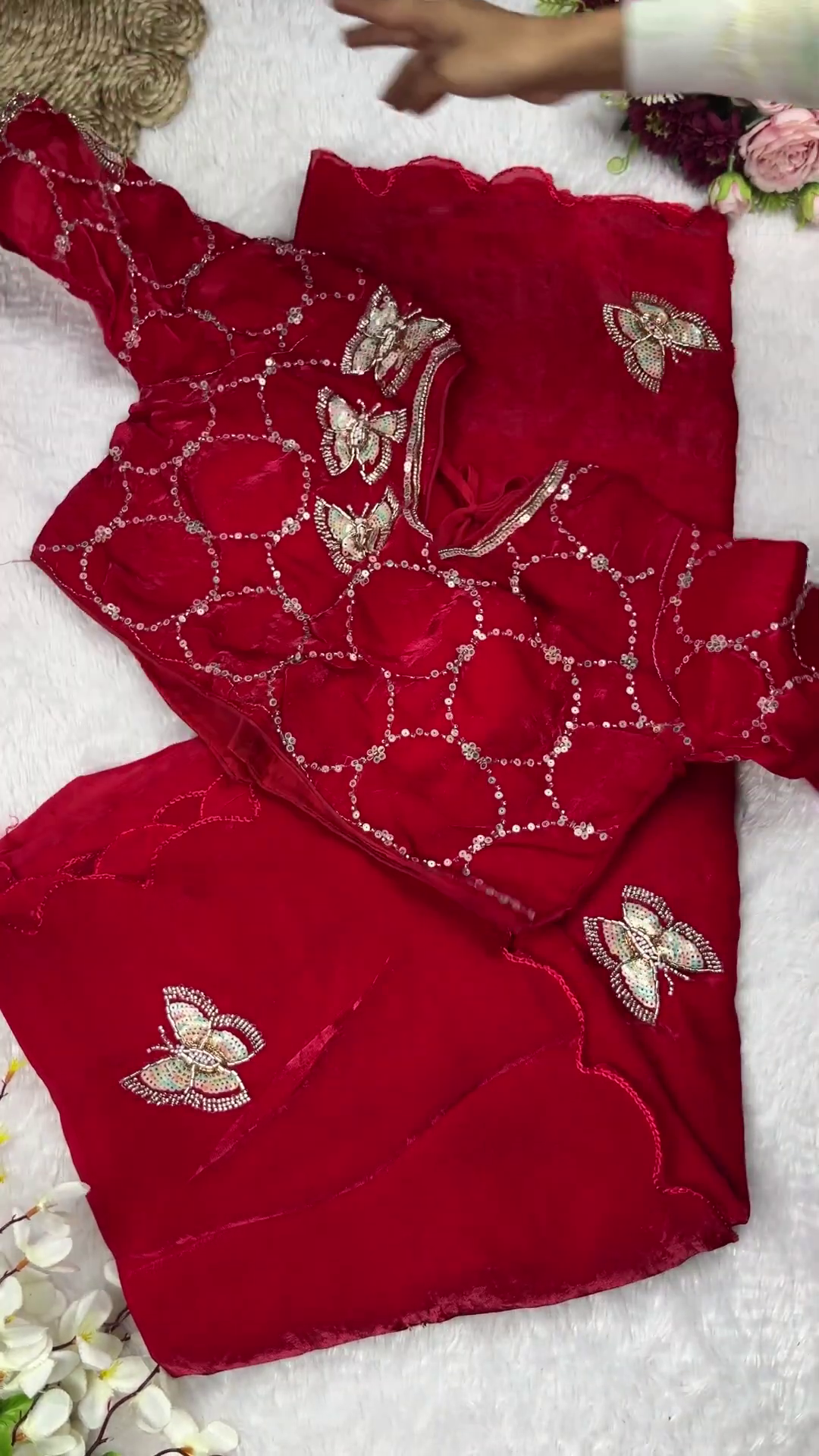 Slate Grey Butterfly Artistry Saree Set - Image 2