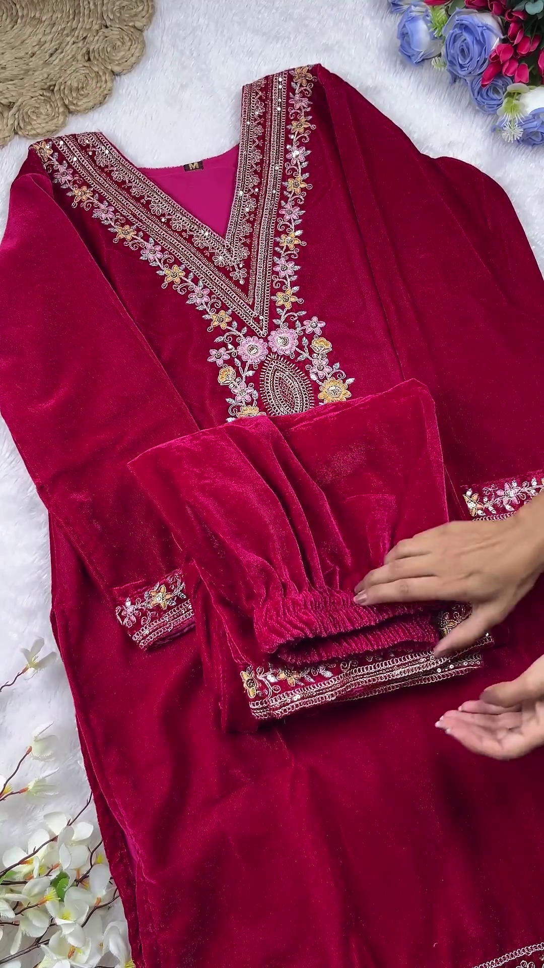 Royal Magenta Velvet Embellished Suit Set - Image 6