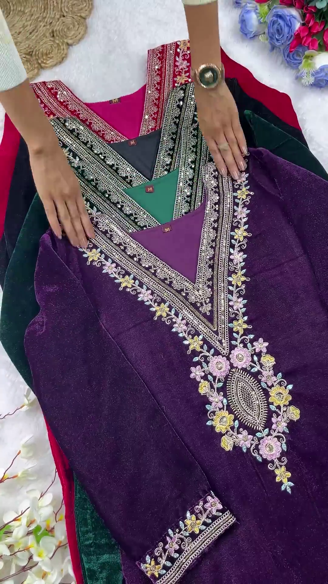 Royal Magenta Velvet Embellished Suit Set - Image 2