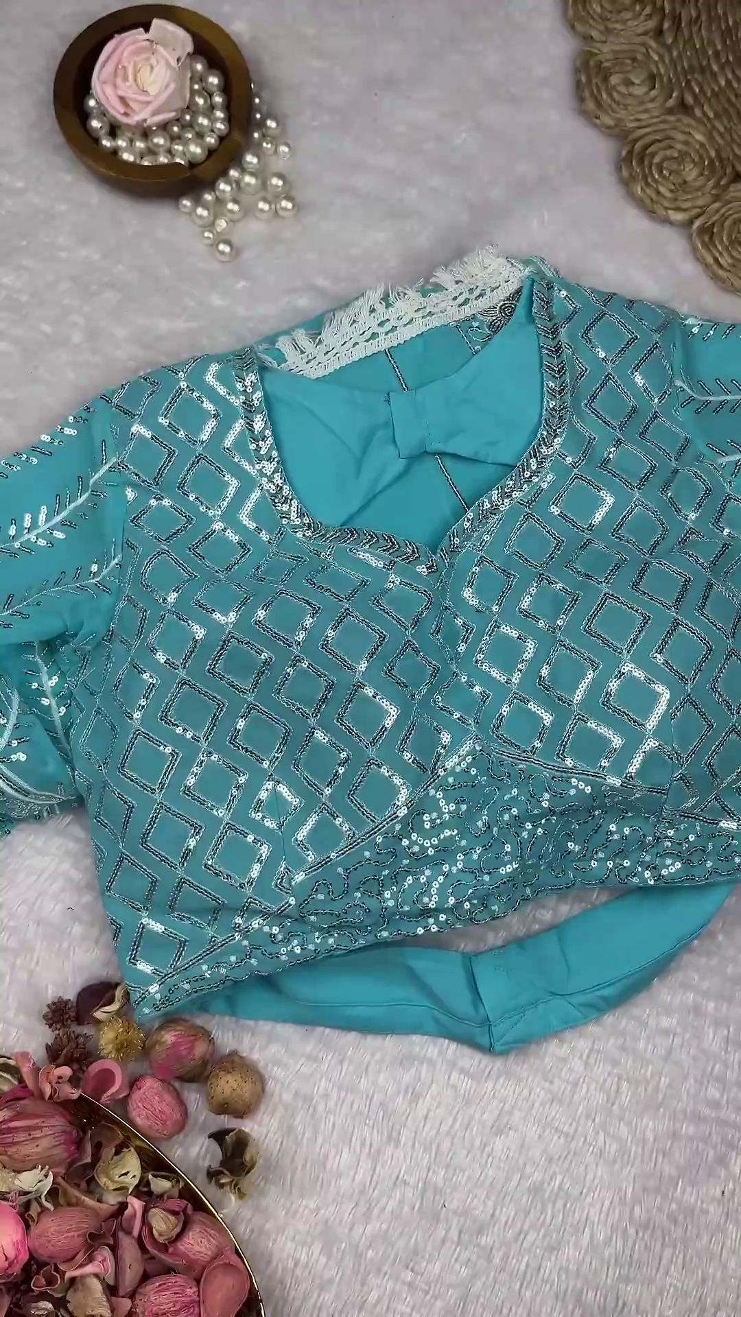 Turquoise Geometric Sequin Blouse with Diamond Lattice Embroidery