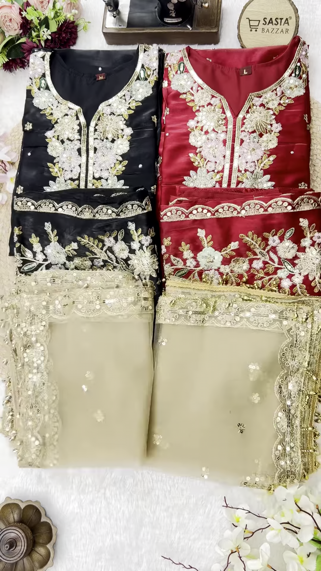 Exquisite Organza Silk Suit with Hand-Embroidered Floral Neckline and Scalloped Borders