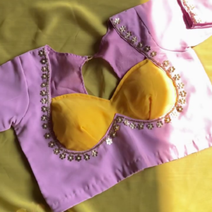 Lavender and Mustard Contrast Silk-Blend Blouse with Floral Sequin Borders