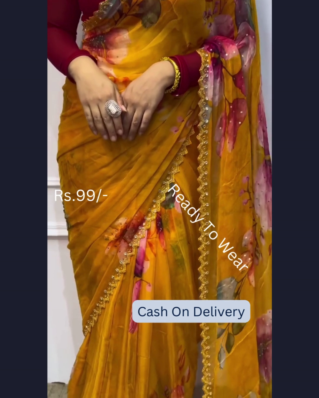 Golden Ochre Floral Saree with Scalloped Zari Trim