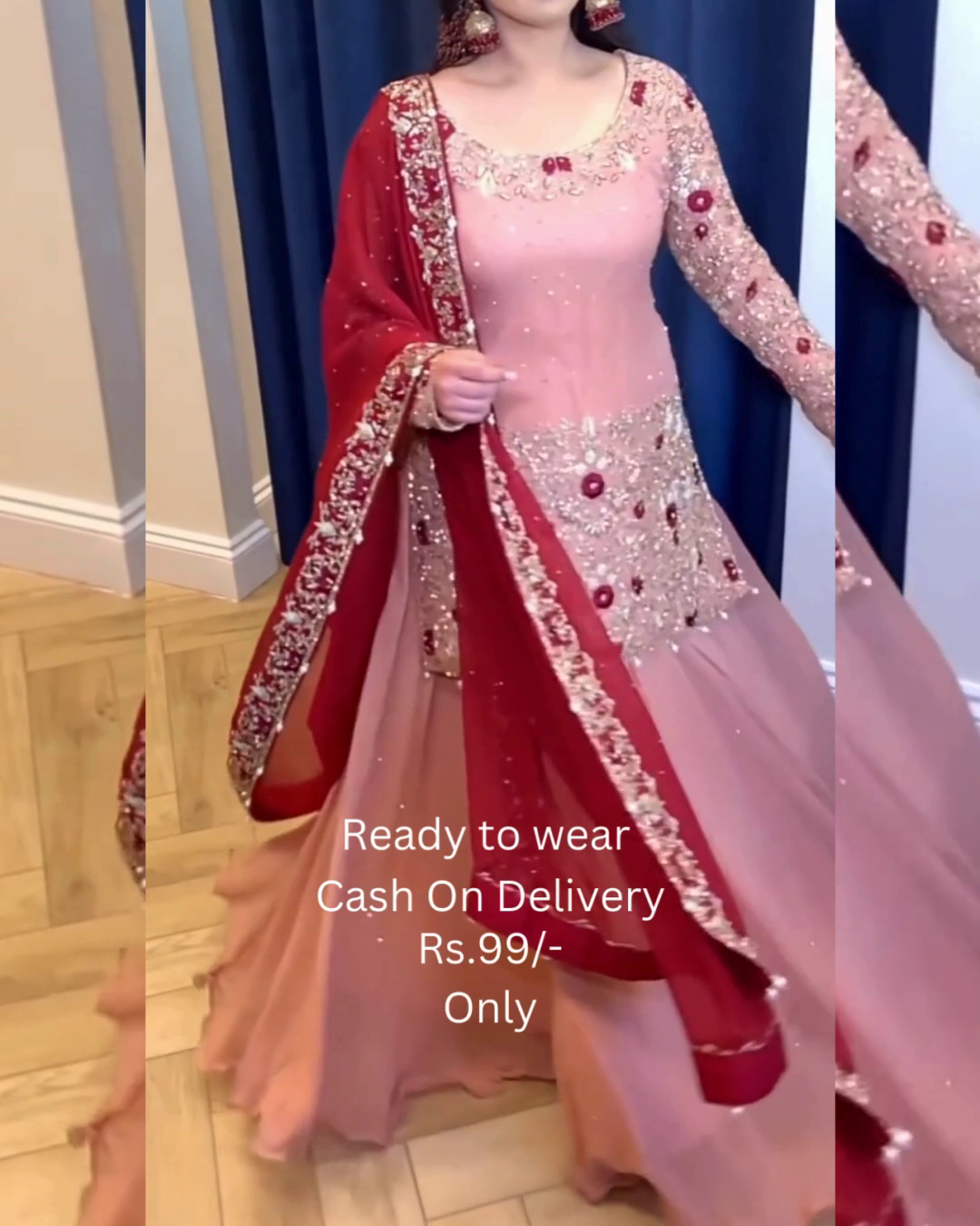 Rose Blush Bridal Sharara with Crimson Contrast